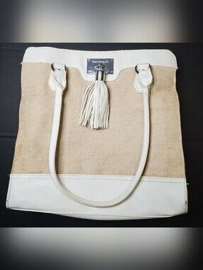Dana Buchman Beige Canvas Tote With Off White Trim And Tassel